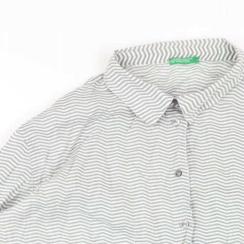 United Colors of Benetton Womens Grey Striped Cotton Basic Button-Up Size L Collared