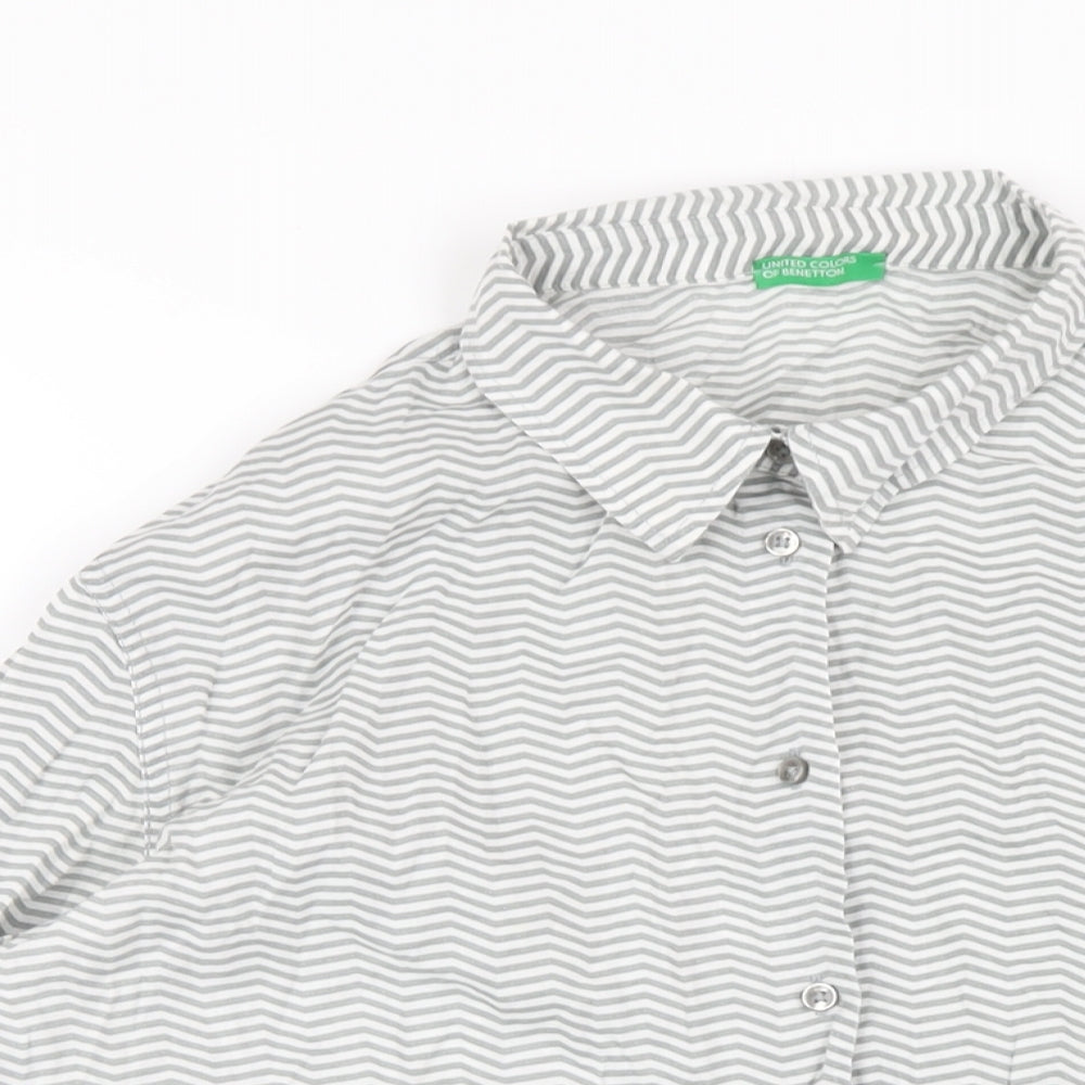 United Colors of Benetton Womens Grey Striped Cotton Basic Button-Up Size L Collared