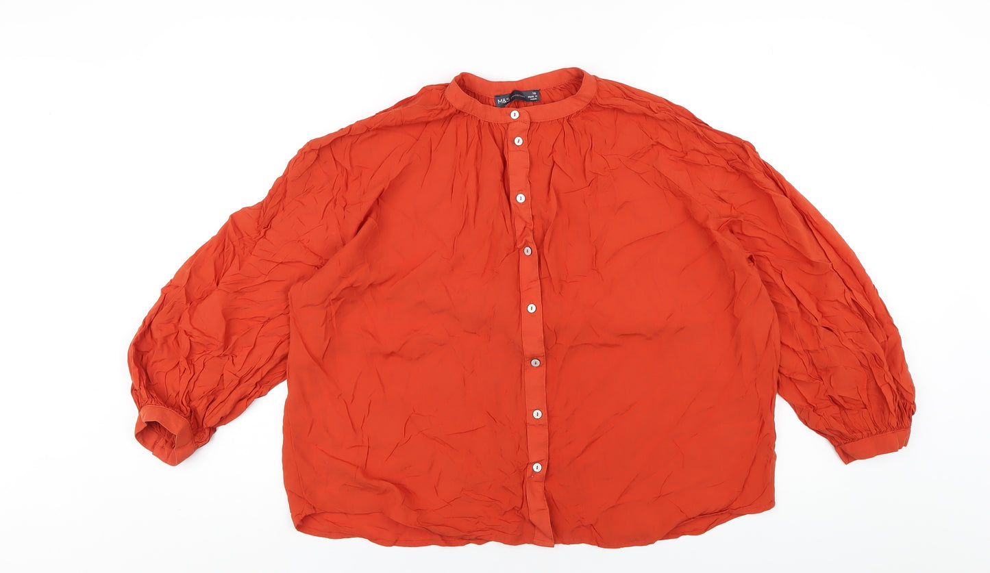 Marks and Spencer Womens Orange Viscose Basic Button-Up Size 16 Round Neck