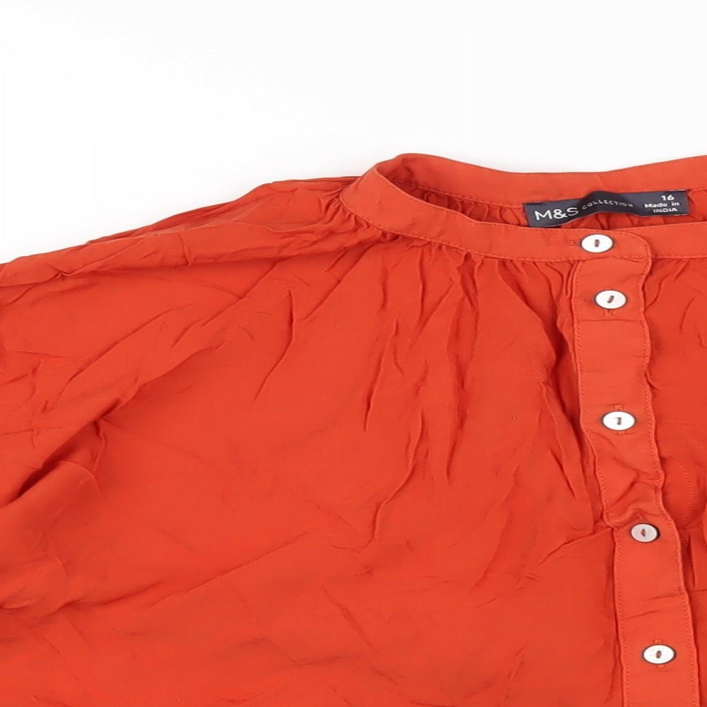 Marks and Spencer Womens Orange Viscose Basic Button-Up Size 16 Round Neck