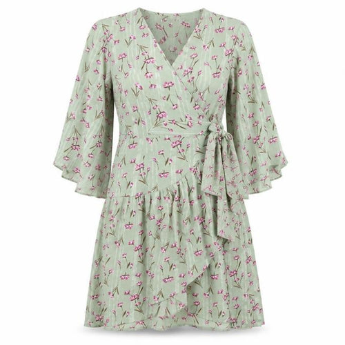 Unique 21 Womens Green Floral Polyester Wrap Dress Size 8 V-Neck Tie