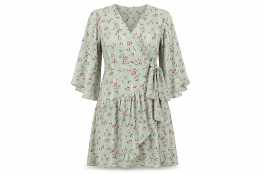 Front view of Unique 21 women’s green floral polyester wrap dress, size UK 8, v-neck tie