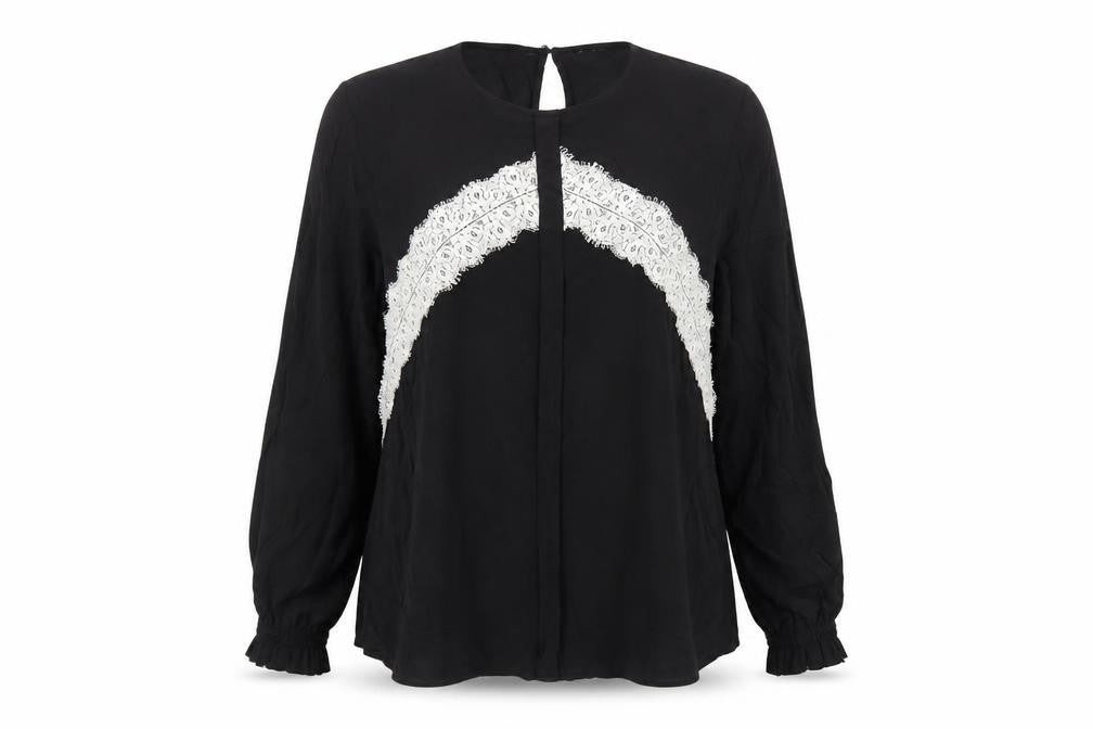 Front view of Marks & Spencer women’s black viscose basic blouse, size UK 16, round neck