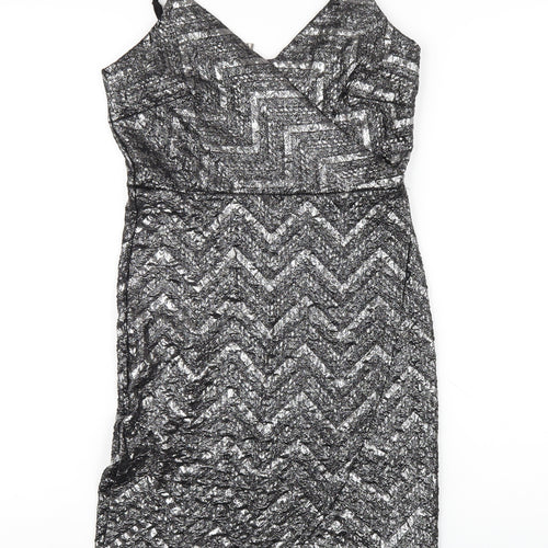 Apricot Womens Silver Chevron Polyester Bodycon Size 8 V-Neck Zip