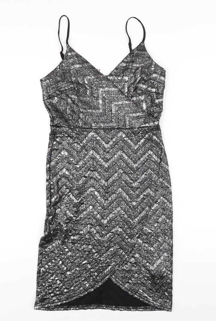 Apricot Womens Silver Chevron Polyester Bodycon Size 8 V-Neck Zip