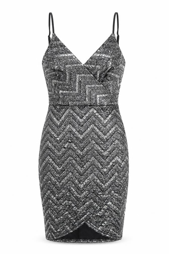 Front view of Apricot women’s silver chevron polyester bodycon, size UK 8, v-neck zip
