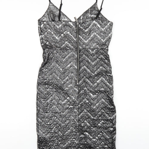 Apricot Womens Silver Chevron Polyester Bodycon Size 8 V-Neck Zip
