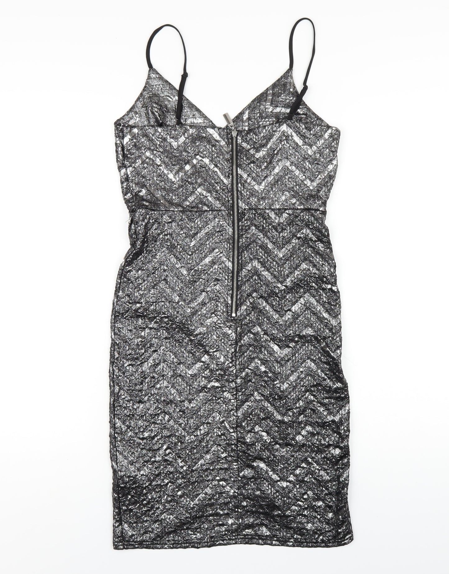 Apricot Womens Silver Chevron Polyester Bodycon Size 8 V-Neck Zip