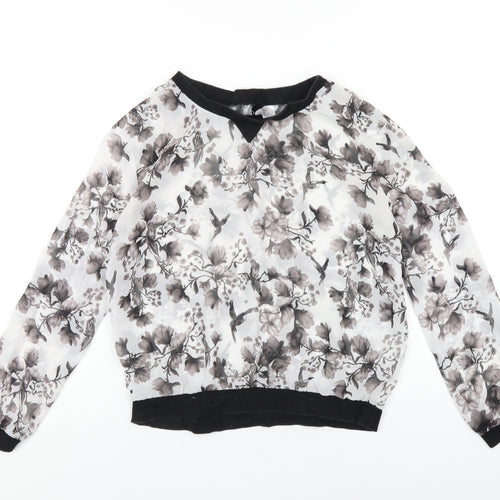 H&M Womens Grey Floral Polyester Basic T-Shirt Size 6 Crew Neck