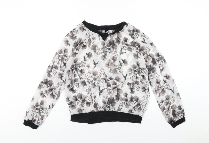 H&M Womens Grey Floral Polyester Basic T-Shirt Size 6 Crew Neck