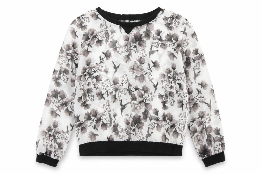 Front view of H&M women’s grey floral polyester basic t-shirt, size UK 6, crew neck