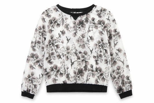 Front view of H&M women’s grey floral polyester basic t-shirt, size UK 6, crew neck