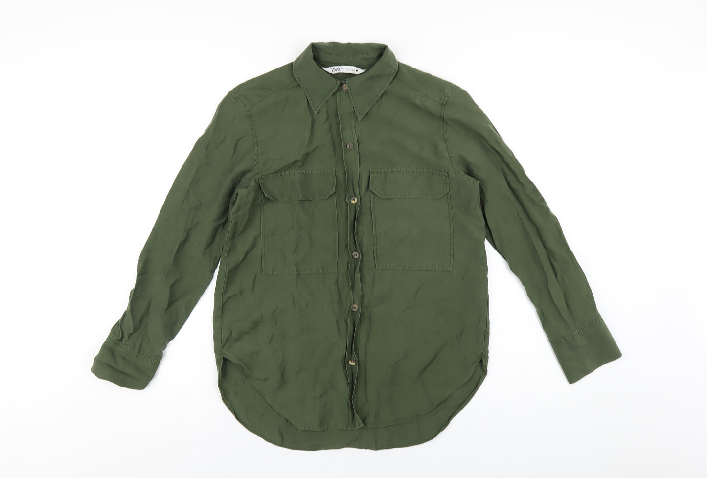 Zara Mens Green Lyocell Button-Up Size XS Collared Button