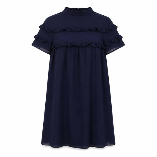 Front view of Fashion Union women’s blue polyester a-line, size UK 12, round neck button