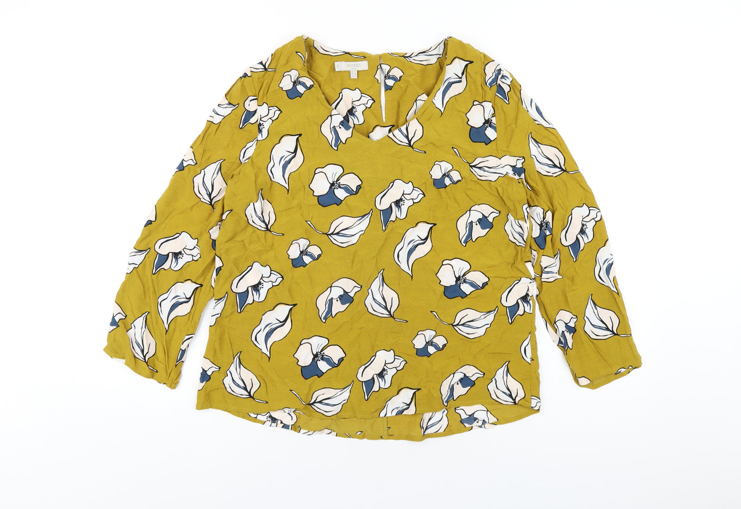 Hobbs Womens Yellow Floral Viscose Basic T-Shirt Size 12 V-Neck