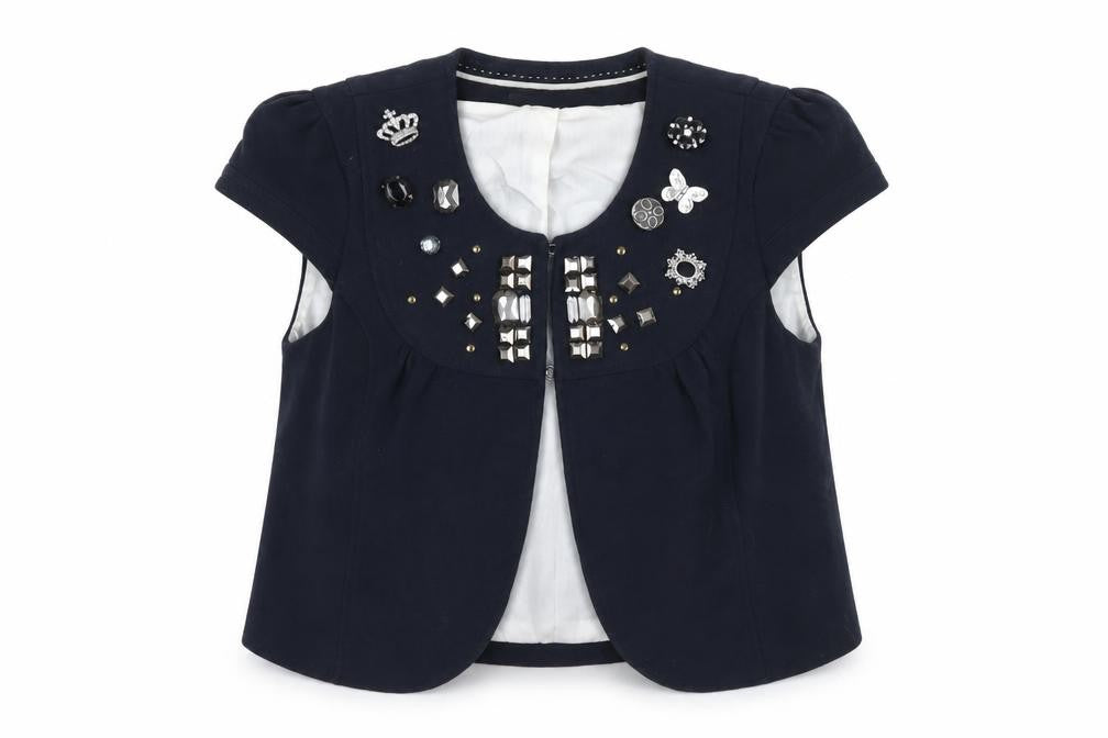 Front view of River Island women’s blue jacket, size UK 10, hook & eye - beaded neckline