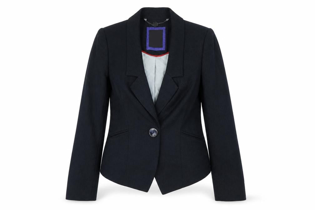 Front view of Betty Jackson women’s blue striped polyester jacket blazer, size UK 8