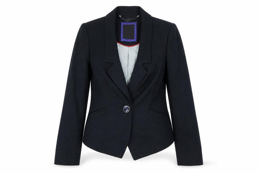 Front view of Betty Jackson women’s blue striped polyester jacket blazer, size UK 8