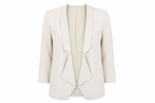 Front view of French Connection women’s beige jacket blazer, size UK 8