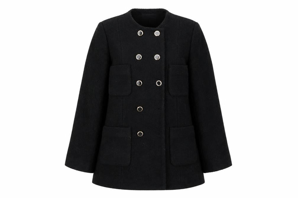 Front view of Next women’s black pea coat coat, size UK 12, button