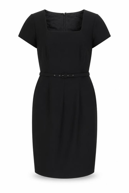 Front view of Roman women’s black polyester pencil dress, size UK 12, square neck zip