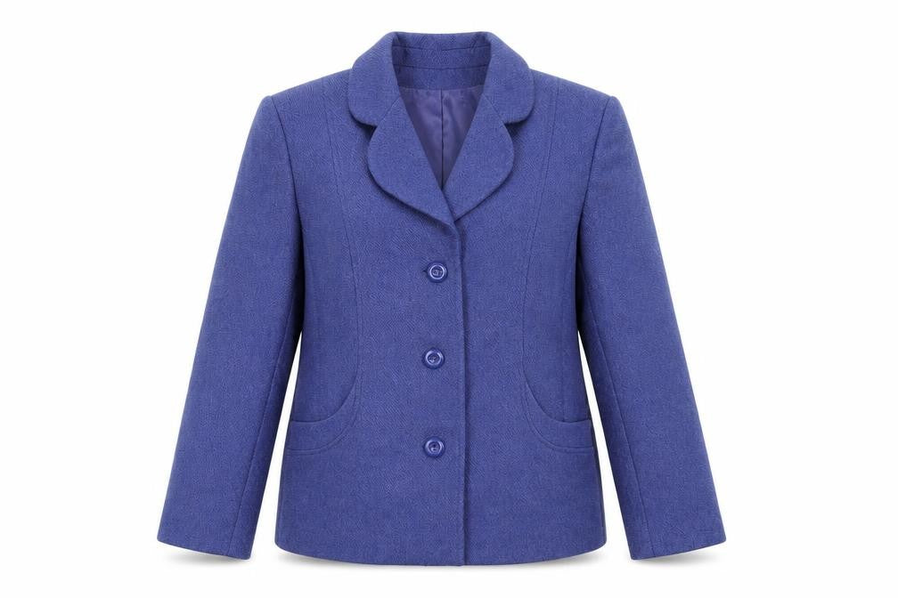 Front view of EWM women’s blue pea coat coat, size UK 12, button