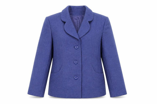 Front view of EWM women’s blue pea coat coat, size UK 12, button