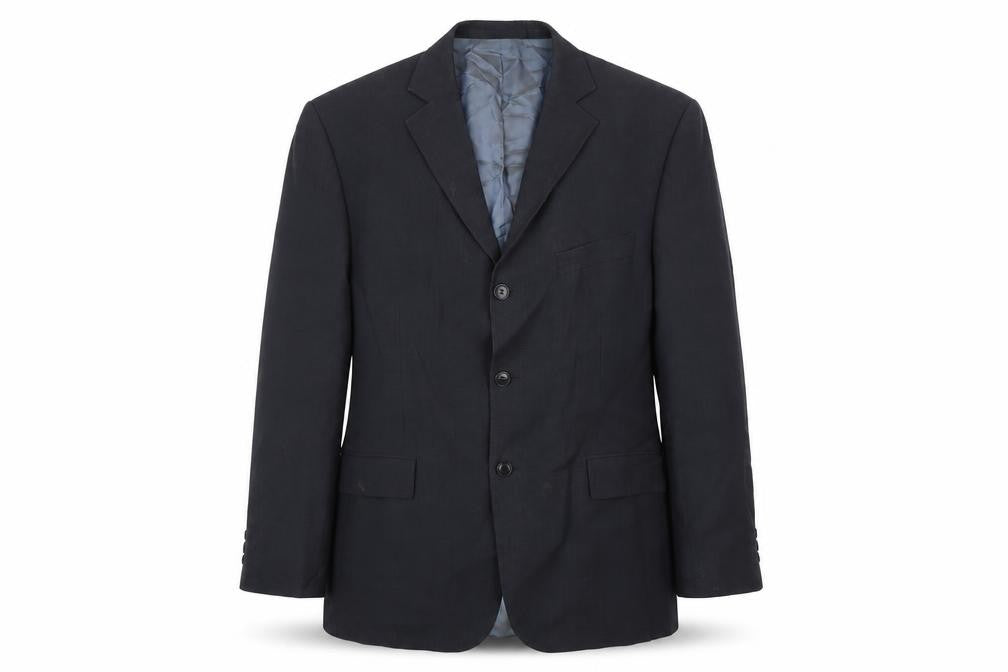 Front view of Marks & Spencer men’s blue wool jacket blazer, size 42, regular