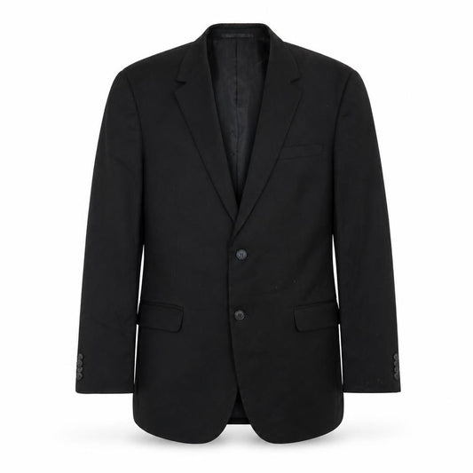 Front view of Peter England men’s black polyester jacket blazer, size 40, regular
