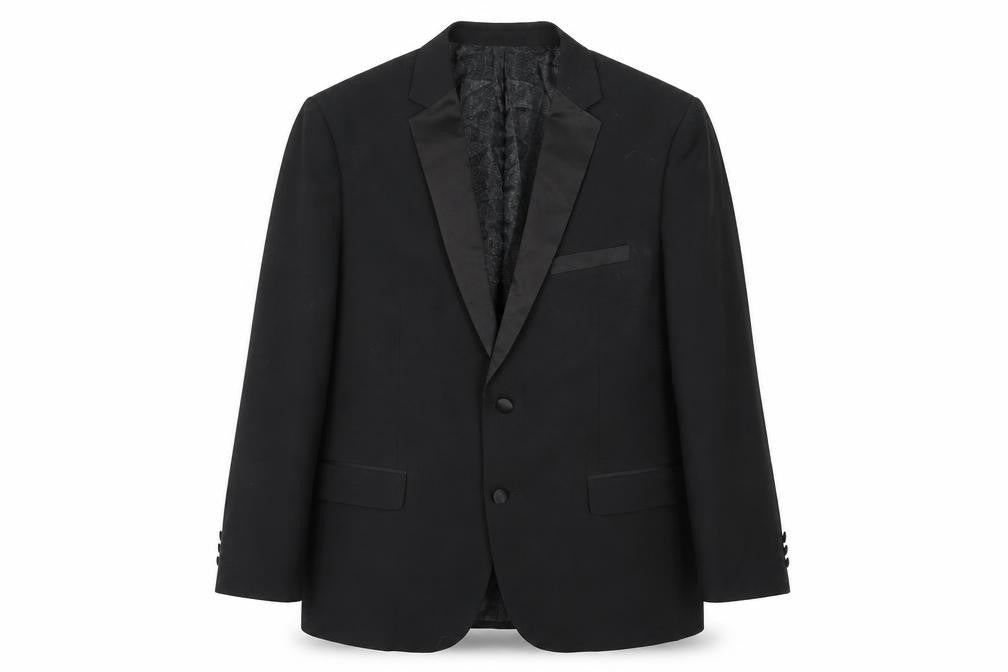 Front view of Sawyers & Hendricks men’s black polyester jacket blazer, size 46, regular