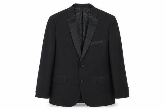 Front view of Sawyers & Hendricks men’s black polyester jacket blazer, size 46, regular