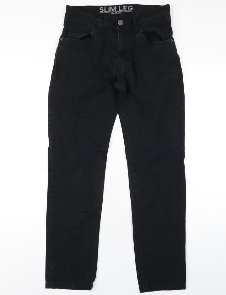Peacocks Mens Black Cotton Straight Jeans Size 28 in L30 in Slim Zip