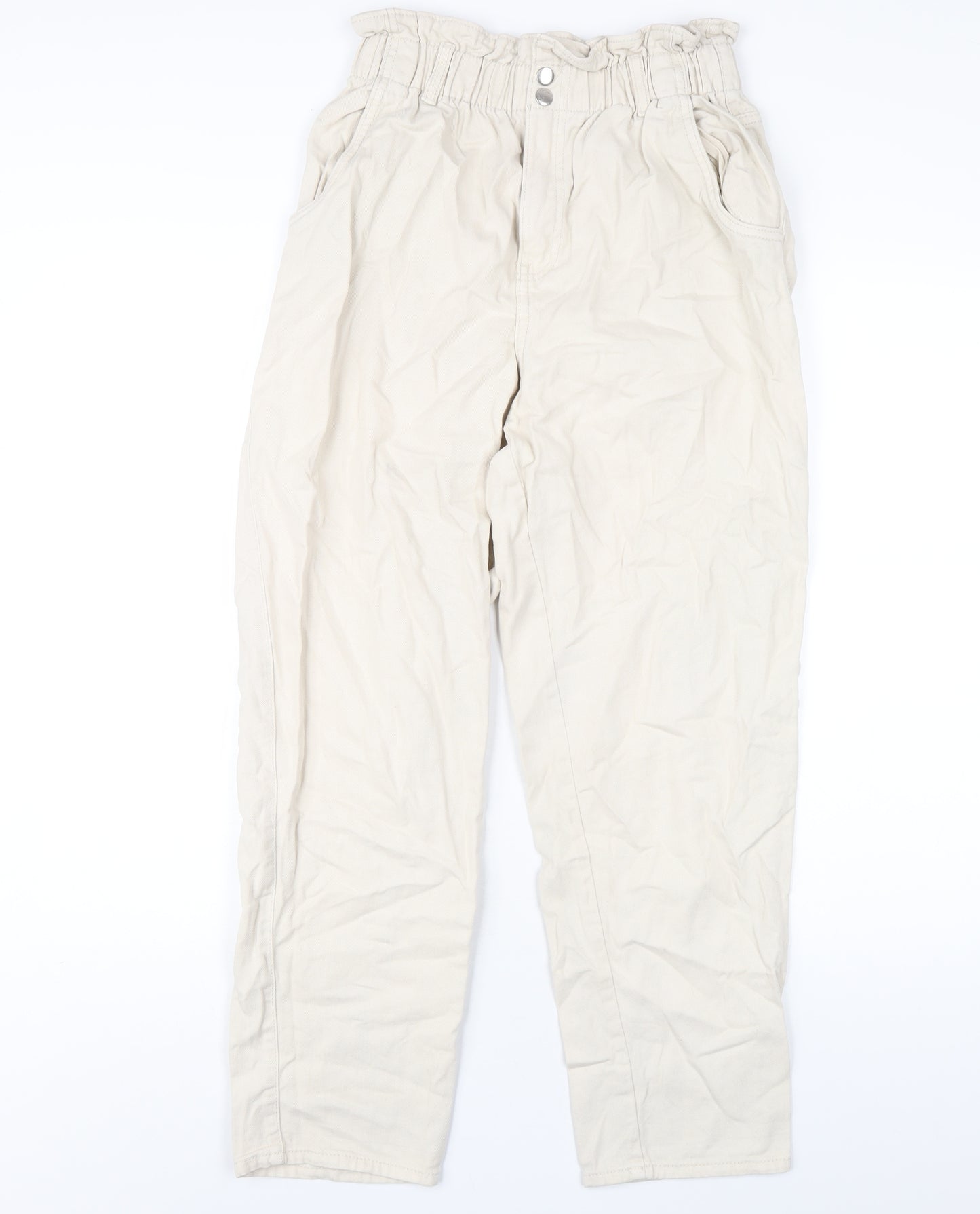H&M Womens Ivory Cotton Straight Jeans Size 10 L28 in Regular Zip - Paperbag Waist