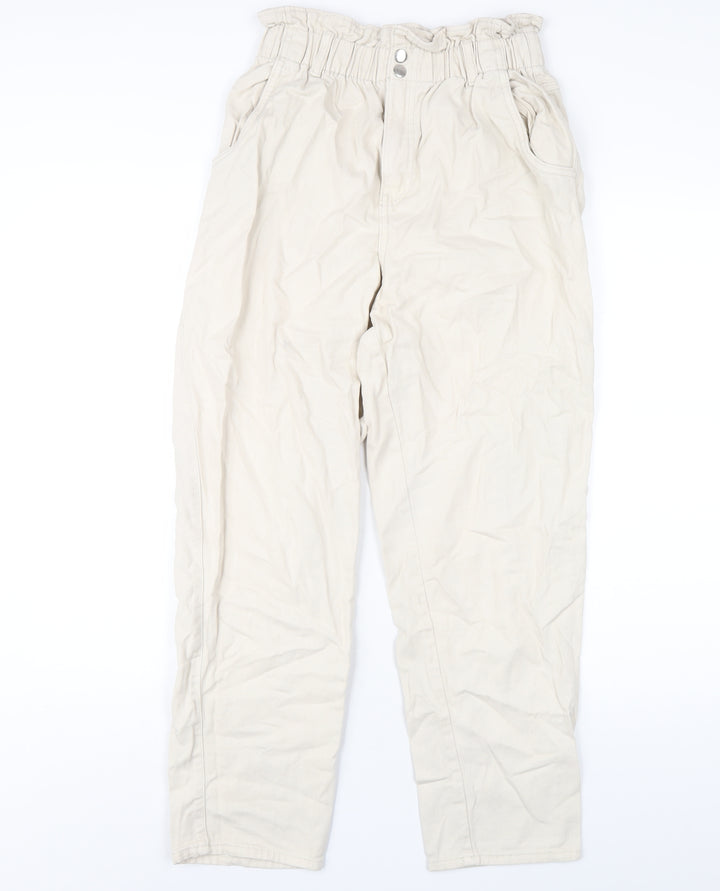 H&M Womens Ivory Cotton Straight Jeans Size 10 L28 in Regular Zip - Paperbag Waist