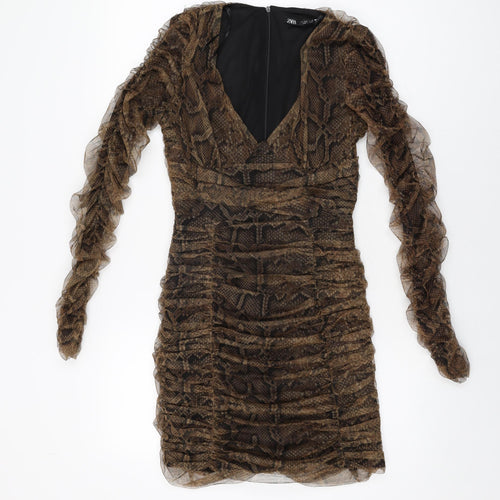 Zara Womens Brown Animal Print Polyester Bodycon Size S V-Neck Zip