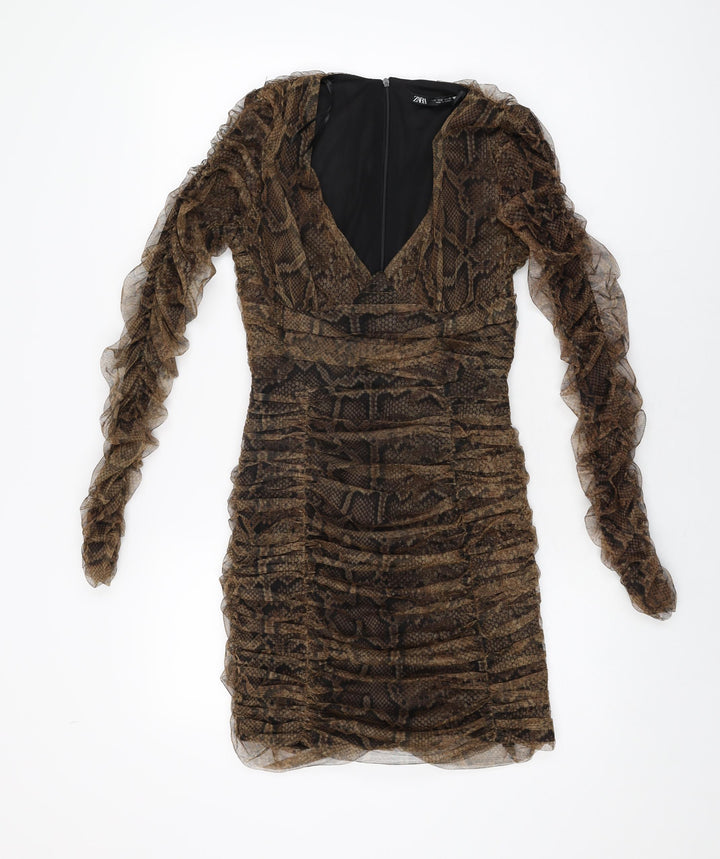 Zara Womens Brown Animal Print Polyester Bodycon Size S V-Neck Zip