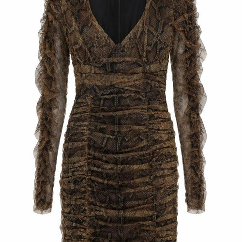 Zara Womens Brown Animal Print Polyester Bodycon Size S V-Neck Zip