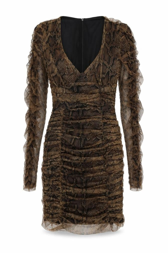 Zara Womens Brown Animal Print Polyester Bodycon Size S V-Neck Zip