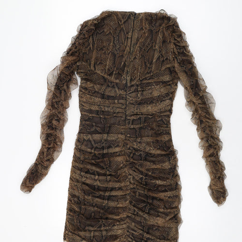 Zara Womens Brown Animal Print Polyester Bodycon Size S V-Neck Zip