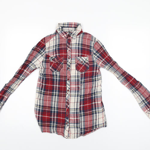 New Look Womens Red Plaid Cotton Basic Button-Up Size 6 Collared