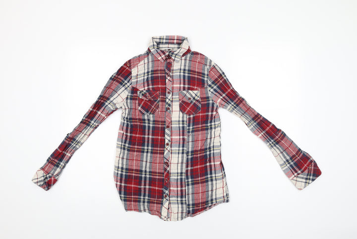 New Look Womens Red Plaid Cotton Basic Button-Up Size 6 Collared