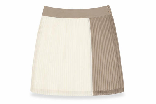 Front view of Next women’s beige polyester a-line skirt, size UK 14, button