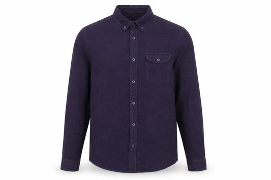 Front view of ASOS men’s purple cotton button-up, size S, collared button