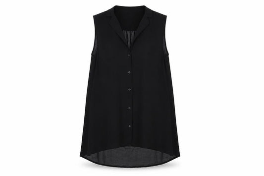 Front view of H&M women’s black polyester basic button-up, size UK 6, collared