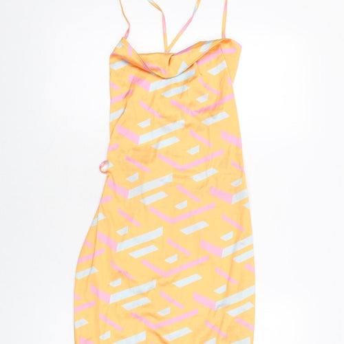 NaaNaa Womens Orange Geometric Polyester Mini Size 8 Cowl Neck Zip