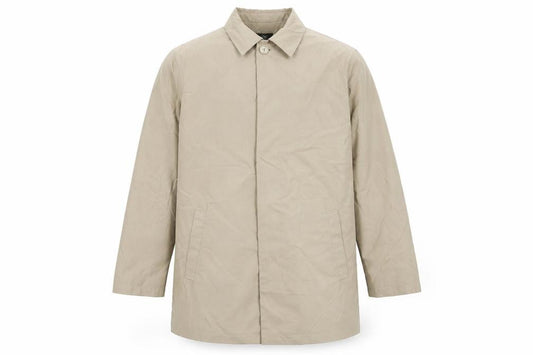 Front view of Wolsey men’s beige overcoat coat, size M, button