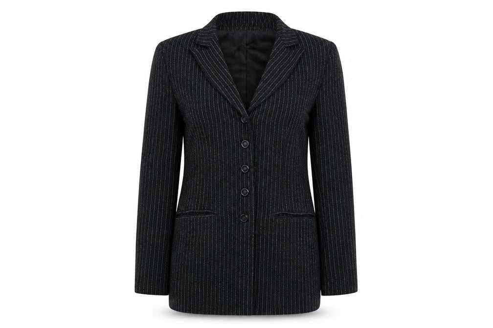 Front view of Directions women’s black striped jacket blazer, size UK 10, button