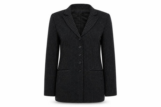 Front view of Directions women’s black striped jacket blazer, size UK 10, button