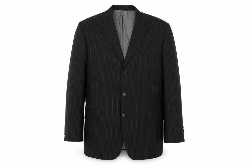 Front view of Marks & Spencer men’s black striped wool jacket suit jacket, size 42, regular