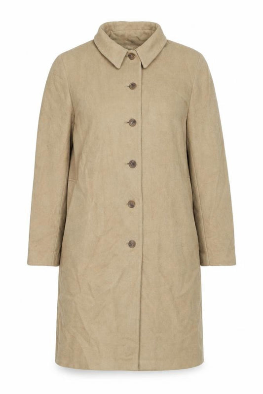 Front view of BHS women’s beige overcoat coat, size UK 20, button